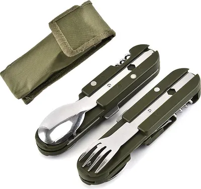 Produktbild von IntiMeg 2 Stück Outdoor Besteck Edelstahl Campingbesteck Essbesteck Set 6 teilig Camping Besteckset, Grün Silber