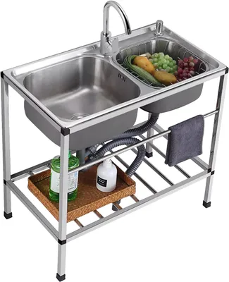 Produktbild von Freistehendes Spülbecken mit 2 Fächern, gewerbliches Küchenspülbecken aus Edelstahl mit Wasserhahn und Regalen, industrielles Garagenspülbecken, Waschküchenspüle
