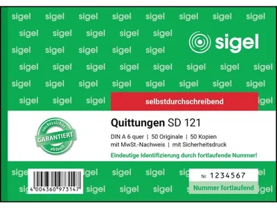 Produktbild von SIGEL SD121 Quittungen, mit fortlfd. Nummerierung, 1. u. 2. Blatt bedruckt, mit Sicherheitsdruck, A6 q, selbstdurchschreibend, 2 x 50 Blatt