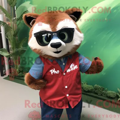 Produktbild von Waldgrüner REDBROKOLY Roter Panda Maskottchen Kostüm Charakter gekleidet mit einem Chambray Hemd und Sonnenbrille