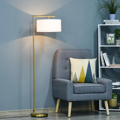 Image de Lampadaire aspect doré, abat-jour en lin, lampadaire avec interrupteur au pied, lampadaire en acier, doré-blanc | 47 x 37 x 153 cm | E27 40 W | 6 kg