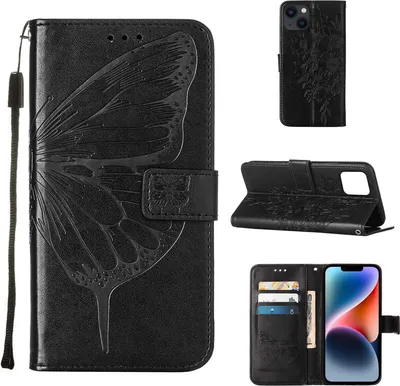 Produktbild von iPhone 14 Hülle, Schmetterling Prägung Flip Leder Kartenfächer Schutzhülle Ledertasche mit Ständer für iPhone 14 Schwarz