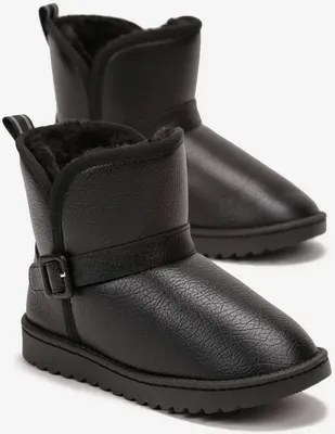 Two black winter boots are shown from a diagonal angle against a white background.