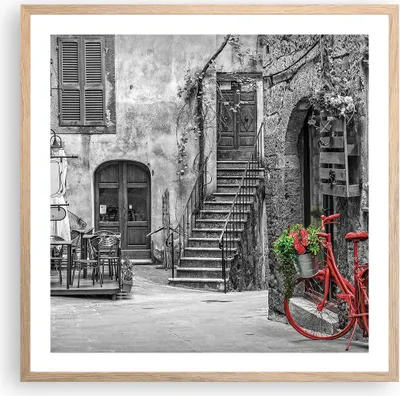 Produktbild von Gerahmtes Poster - Rahmen in heller Eiche - Rot Fahrrad Allee - 60x60 cm - Wand Bild - Wanddeko - Wandbilder - Kunstposter - Wandposter - Bilderrahmen - Bilder - Kunstdruck - P2NAC60x60-4410