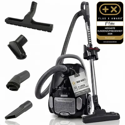 Produktbild von Fakir Black Vac Power Staubsauger mit Beutel, Leiser Staubsauger mit 800 Watt Hochleistungsmotor, HEPA 14 Filter, 12 Meteraktionsradius
