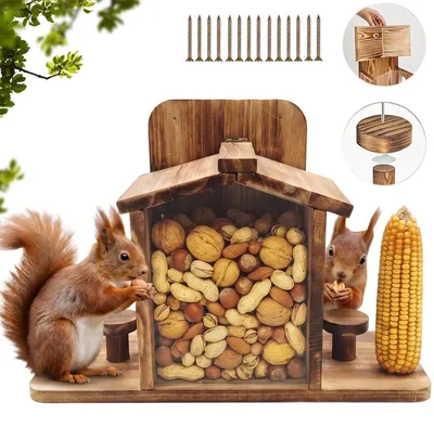 Produktbild von Eichhörnchen-Futterhaus - Futterstation für draußen - Holz - Mit 2 Sitzstangen - Transparent - Für Mais, Maiskolben und Erdnüsse - Für den Garten