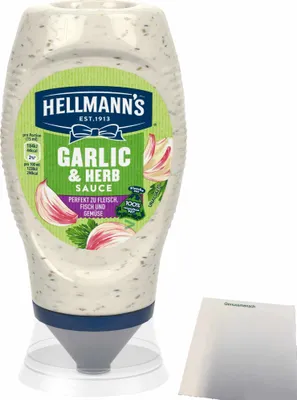 Produktbild von Hellmann´s Grillsauce Garlic&Herb Knoblauch+Kräuter perfekt zu Fleisch Fisch und Gemüse (250ml Flasche) + usy Block