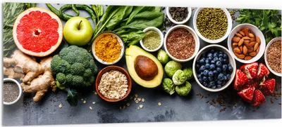 Produktbild von DEQORI Küchenrückwand Glas 125x50 cm 'Auswahl an Superfood' Spritzschutz Bad Rückwand