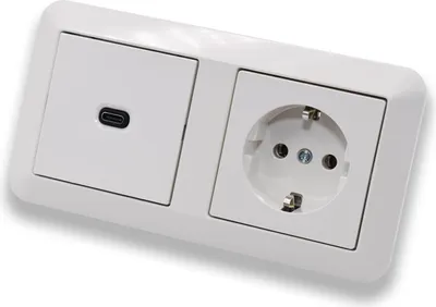 Produktbild von EBROM USB-C Unterputz Steckdose/Lader, 65 Watt Leistung – Schnellladefunktion für Wearables Smartphones Tablets Laptops + Merten Steckdose mit Kinderschutz MEG2300-0319 System M polarweiß glänzend
