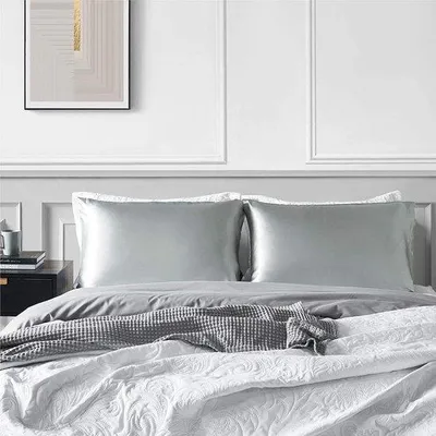 Produktbild von Famanu Satin-Kissenbezüge 40x80 cm grau Set 2, weicher als Seide, anti-falten und fleckenbeständig, mit Umschlagverschluss