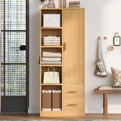 Immagine prodotto di Armadio okwish con cassetti e due aste separate, mobile ingresso con diversi scomparti, ampio spazio di stoccaggio, stile naturale