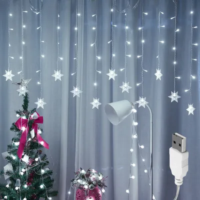 Produktbild von 2er-Set Schneeflocken Lichterkette 3M 96LEDs USB Lichterkette Weihnachten Innen Deko, Weiß