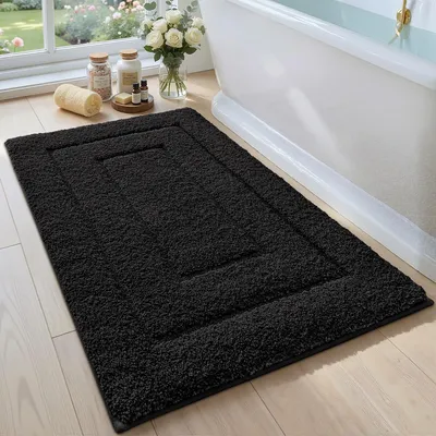 Produktbild von Rutschfeste, weiche Mikrofaser-Badematte, saugfähige Badematte, maschinenwaschbare Badematte für Dusche, Badewanne und WC, schwarz, 60 x 90 cm