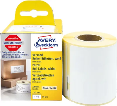 Produktbild von Avery Zweckform ASS0722430, Rollen-Etiketten, 54 x 101 mm, 110 Etiketten / 1 Rolle, weiß