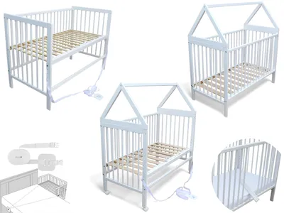 Produktbild von Kinderbett - Beistellbett - Babybett Haus 120x60cm mit Gurt und Rädern weiß
