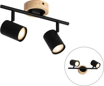 Produktbild von QAZQA - Modern Moderner Spot I Spotlight I Deckenspot I Deckenstrahler I Strahler I Lampe I Leuchte in Schwarz mit kippbarem Holz, 2-flammig-flammig – Jeana I Wohnzimmer I Schlafzimmer - Stahl Länglic