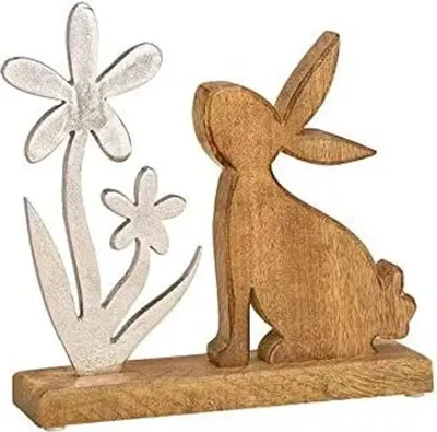 Produktbild von Deko Aufsteller Hase Mit Blume Aus Holz, Metall Braun, Silber (B/H/T) 25X25X6Cm
