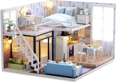 Immagine prodotto di Habarri | Casa in Miniatura - DIY Casa Delle Bambole - Casa in Legno con Mobili e Illuminazione a LED - Regalo per Bambini - Soppalco Blu