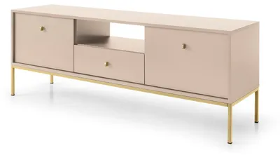 Image de Meuble TV avec un tiroir et deux portes, beige, poignées dorées, 154 x 39 x 57 cm
