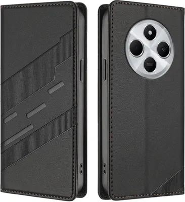 A black leather flip case for a smartphone, shown from the front and back.