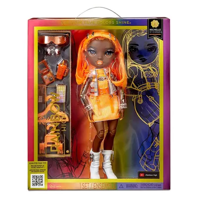 Produktbild von MGA Rainbow High Michelle St. Charles Modepuppe Serie 5, Orange, Kunststoff & Textil, bewegliche Gliedmaßen, abnehmbares Kleid, Zubehörset. Verpackung: 304,8x254x81,3 mm; Puppe: 28 cm. Ab 4 Jahren. Art.-Nr. 583127.
