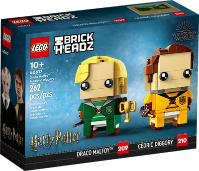 The image shows the packaging for a LEGO BrickHeadz set featuring Draco Malfoy and Cedric Diggory from Harry Potter.