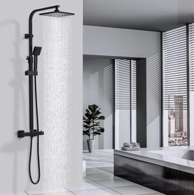 Produktbild von Homelody Duschsystem mit Thermostat 38℃ Duscharmatur Schwarz Regendusche Duschset Dusche inkl. Regal verstellbarer Edelstahl Duschstange Duschset