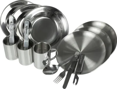 Produktbild von Camping Geschirr Set Edelstahl 3 Personen flache & tiefe Teller mit Besteck & Tassen