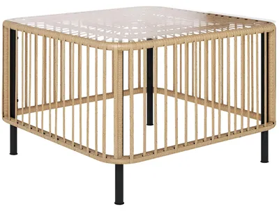 Image de Table de jardin en polyrotin, 65 x 65 x 43 cm, résistante aux intempéries Table d'appoint carrée avec plateau en verre Bois naturel