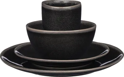 Image de service de table artisanal 16 pièces pour 4 personnes, 100% céramique, 4 gobelets, 4 bols, 4 petites assiettes, 4 assiettes plates, noir #1