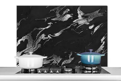 Obrázok produktu pre MuchoWow® Splashback Kuchyňa - Kuchynský backsplash - Ochrana steny pre sporák a drez Mramor - čierna - strieborná - luxusná 100x65cm Alu-Dibond