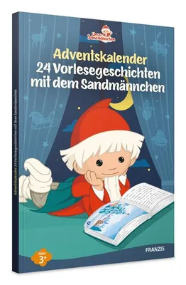 An illustration of an advent calendar book with a character reading a story.