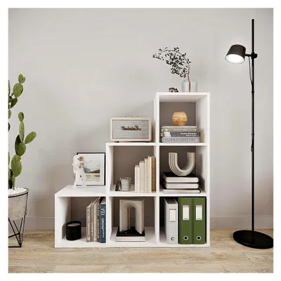 Produktbild von Treppenregal Stufenregal - Raumteiler Regal Bücherregal mit 6 Fächern 30x30 cm Würfelregal | Bücherregal Weiß Vexo