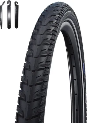 Image de 1 pneu Schwalbe Energizer PLUS Tour Performance, avec protection GreenGuard, couleur noir/réfléchissant, dimensions 55-622 (28,0 x 2,15), incluant des démonte-pneus
