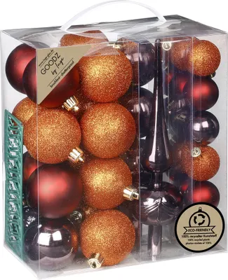 Produktbild von Weihnachtskugeln Kunststoff 4-6cm mit Baumspitze 39er Set - Flame Mix