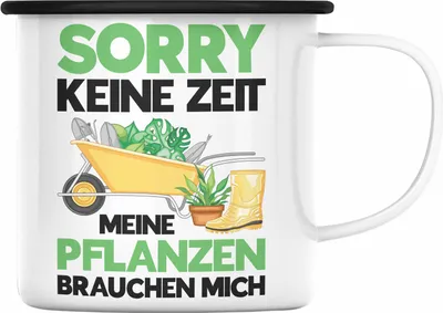Produktbild von Trendation - Meine Pflanzen Brauchen Mich Emaille Tasse mit Spruch Garten Hobbygärtner Gärtner Geschenk Lustig Gärtnerin Geschenkidee (Schwarz)
