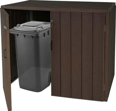 Produktbild von 2er WPC-Mülltonnenverkleidung MCW-J28, Premium Mülltonnenbox, Metall Holzoptik, erweiterbar braun
