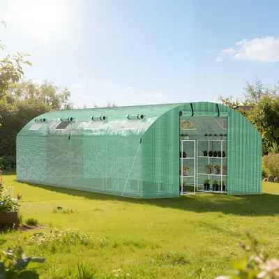 Produktbild von Vigevee Gewächshaus Foliengewächshaus mit Verzinktrohrfundament 3 × 8 m - 24 m² inkl. Erdanker & 8 Aufrollbare Fenster mit Moskitonetz & 140 g/m² UV-beständig Tomatengewächshaus Greenhouse