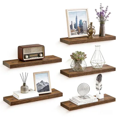 Immagine prodotto di Mensole a muro sospese - Set di mensole - Legno con staffe in metallo - Set da 5 pezzi - 60x20x3 cm - Per soggiorno, cucina e bagno - Marrone rustico