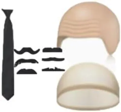 Imagen del producto de Conjunto de disfraces de 9 piezas, incluye: cabeza rapada, barbas negras, corbata, ideal para carnaval