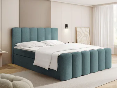 Produktbild von Boxspringbett mit Bettkasten – Polsterbett 140 x 200 cm mit H4 Taschenfederkern 7-Zonen Matratze & 5 cm Topper – Stauraumbett Serenity mit Hohem Kopfteil & Gepolstertem Fußteil – Türkis Chenille