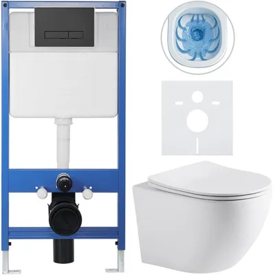 Obrázek produktu pro Kompletní podomítkový WC set Lite/Cesso - bílá matná - WC tlačítko Slim, černé matné - předstěnová instalace/sádrokarton - 49x36 cm