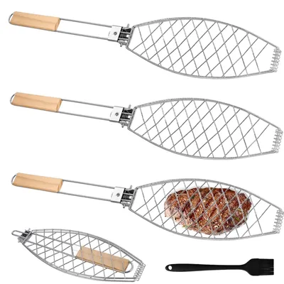 Immagine prodotto di Set di 3 supporti per griglia per pesce e una grande teglia per arrostire il pesce - in metallo cromato