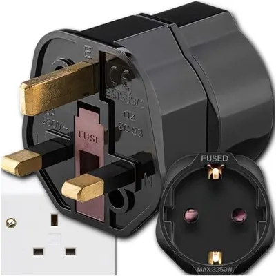 Obrázok produktu pre Cestovný adaptér EÚ na UK, 13 A, 3000 W, poistka a uzemnenie, čierny