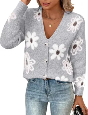 Produktbild von ASKSA Damen Strickjacke V-Ausschnitt Langarm Lose Blumenmuster Knopf Offene Cardigan Strickpullover (Hellgrau,XL)
