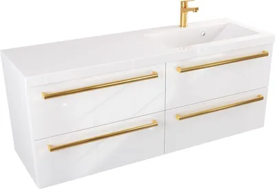 Produktbild von FURNI Waschtischunterschrank ATH 120 cm - Weiß Hochglanz - Hängender Badschrank mit Mineralguss-Waschbecken - Griffe - Vormontiert