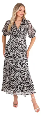 Produktbild von Lovedrobe Damen Midikleid in Beige und Schwarz mit Print, elegantes Design, V-Ausschnitt, kurze Ärmel