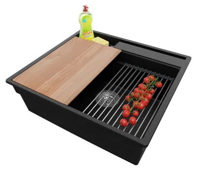 Produktbild von PRIMAGRAN Spülbecken Schwarz Metallic 58x53cm, Granitspüle 1 Becken + Ablauf-Set + Küchenzubehörset, Küchenspüle ab 60er Unterschrank - Oslo Pocket