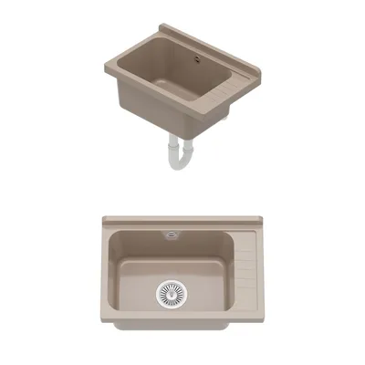Two views of a beige sink basin with plumbing attached to the bottom one.