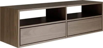 Produktbild von Selsey Framme – hängendes TV-Board mit zwei Klappen und offenen Ablagen, Holzoptik Walnuss, 100 cm